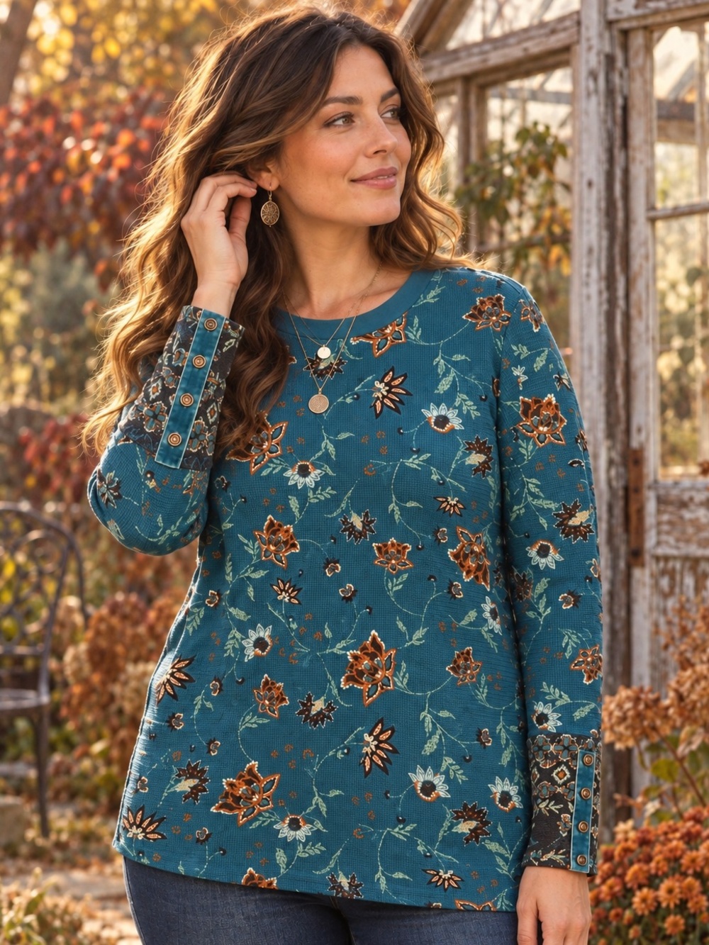 Sundance Teal Floral Waffle Knit Velvet Trim Tunic Top XL